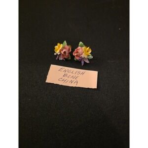 Vtg DENTON Bone China Pink Yellow  FLOWER Screw Earrings England